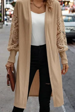 Sale Dear-Lover Lace Patchwork Ribbed Knit Open Front Duster Cardigan Parchment