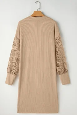 Sale Dear-Lover Lace Patchwork Ribbed Knit Open Front Duster Cardigan Parchment