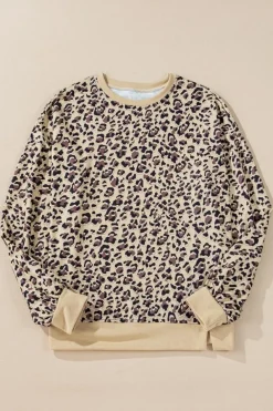 Sale Dear-Lover Leopard Print Crew Neck Sweatshirt Parchment