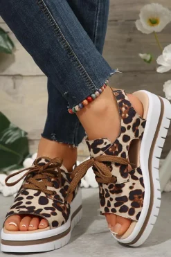 Outlet Dear-Lover Leopard Print Hollow Out Lace-up Wedge Sandals Parchment