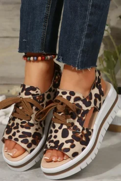 Outlet Dear-Lover Leopard Print Hollow Out Lace-up Wedge Sandals Parchment