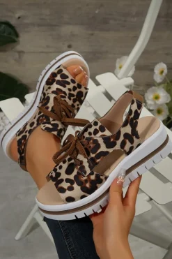 Outlet Dear-Lover Leopard Print Hollow Out Lace-up Wedge Sandals Parchment