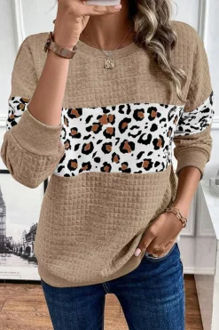Best Dear-Lover Leopard Quilted Patchwork Crew Neck Sweatshirt Parchment