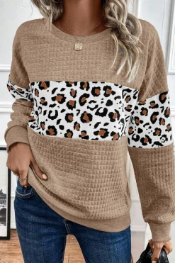 Best Dear-Lover Leopard Quilted Patchwork Crew Neck Sweatshirt Parchment