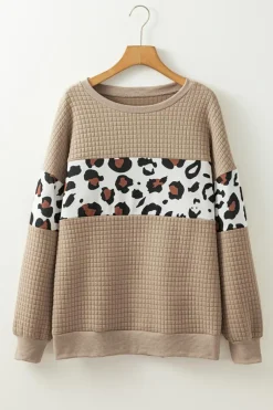 Best Dear-Lover Leopard Quilted Patchwork Crew Neck Sweatshirt Parchment