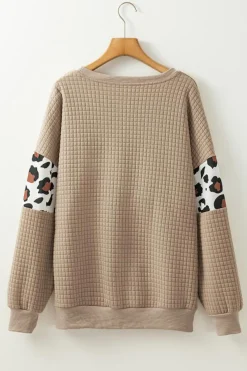 Best Dear-Lover Leopard Quilted Patchwork Crew Neck Sweatshirt Parchment