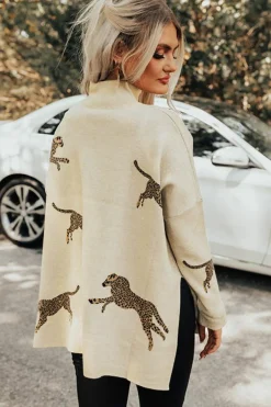 Online Dear-Lover Lively Cheetah Print High Neck Split Hem Sweater Parchment