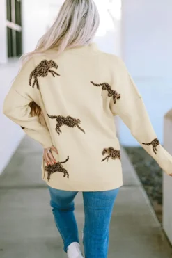 Online Dear-Lover Lively Cheetah Print High Neck Split Hem Sweater Parchment