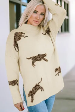 Online Dear-Lover Lively Cheetah Print High Neck Split Hem Sweater Parchment