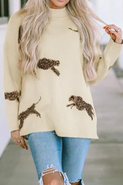 Online Dear-Lover Lively Cheetah Print High Neck Split Hem Sweater Parchment