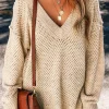 Discount Dear-Lover Loose Eyelet V Neck Drop Shoulder Sweater Parchment