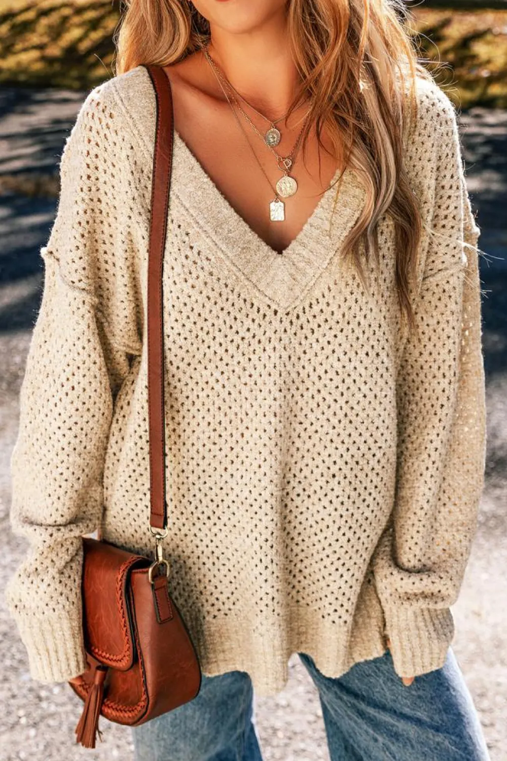 Discount Dear-Lover Loose Eyelet V Neck Drop Shoulder Sweater Parchment