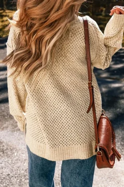 Discount Dear-Lover Loose Eyelet V Neck Drop Shoulder Sweater Parchment