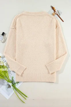 Discount Dear-Lover Loose Eyelet V Neck Drop Shoulder Sweater Parchment