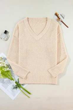 Discount Dear-Lover Loose Eyelet V Neck Drop Shoulder Sweater Parchment