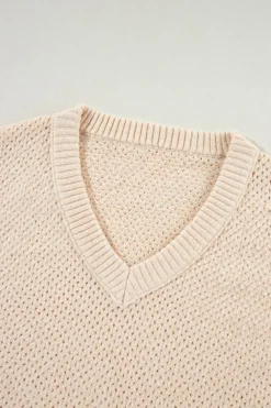 Discount Dear-Lover Loose Eyelet V Neck Drop Shoulder Sweater Parchment