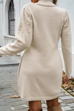 Online Dear-Lover Pearl Beaded High Neck Bodycon Sweater Dress Parchment