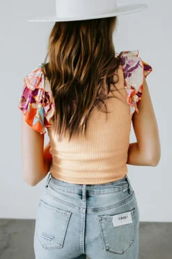 Discount Dear-Lover Ribbed Knit Tiered Ruffled Sleeve Bodysuit Parchment