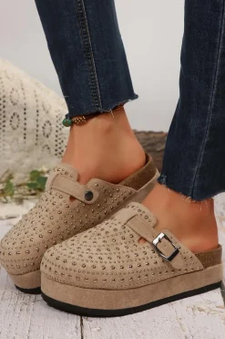 Fashion Dear-Lover Rivet Buckle Closed Toe Platform Slippers Parchment
