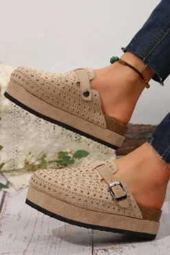 Fashion Dear-Lover Rivet Buckle Closed Toe Platform Slippers Parchment
