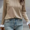 Discount Dear-Lover Seam Detail Lace Contrast Cuffs Raglan Sleeve Top Parchment
