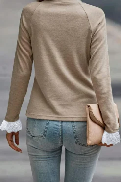 Discount Dear-Lover Seam Detail Lace Contrast Cuffs Raglan Sleeve Top Parchment