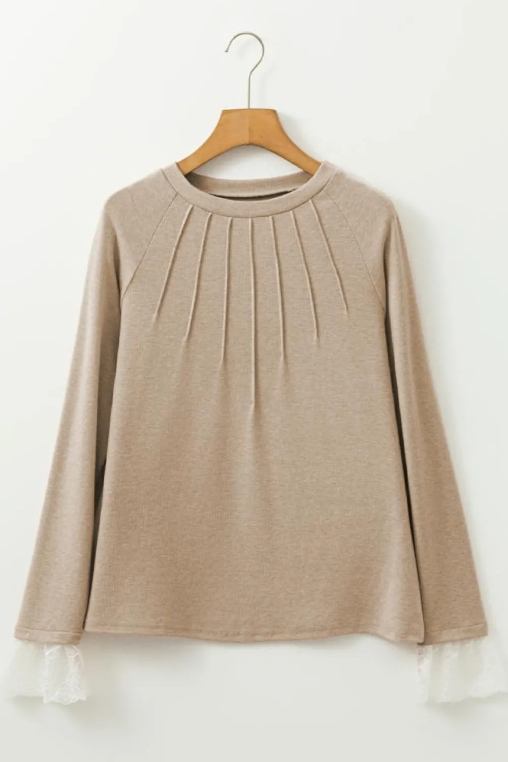 Discount Dear-Lover Seam Detail Lace Contrast Cuffs Raglan Sleeve Top Parchment