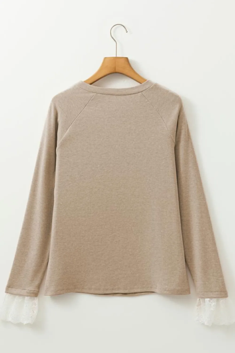 Discount Dear-Lover Seam Detail Lace Contrast Cuffs Raglan Sleeve Top Parchment
