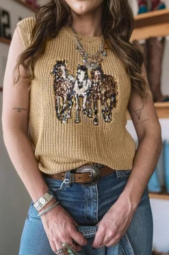 New Dear-Lover Sequin Horse Graphic Lightweight Knitted Sweater Vest Parchment