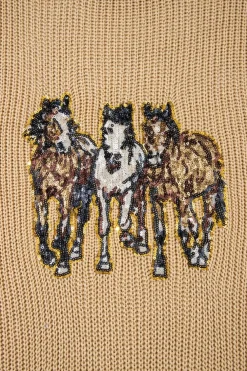 New Dear-Lover Sequin Horse Graphic Lightweight Knitted Sweater Vest Parchment