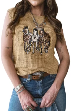New Dear-Lover Sequin Horse Graphic Lightweight Knitted Sweater Vest Parchment
