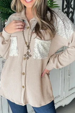 Outlet Dear-Lover Sequin Patch Chest Pocket Corded Shacket Parchment