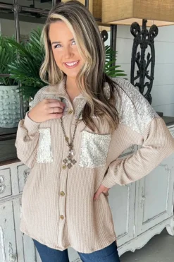 Outlet Dear-Lover Sequin Patch Chest Pocket Corded Shacket Parchment