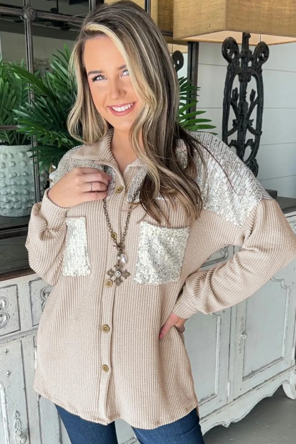 Outlet Dear-Lover Sequin Patch Chest Pocket Corded Shacket Parchment