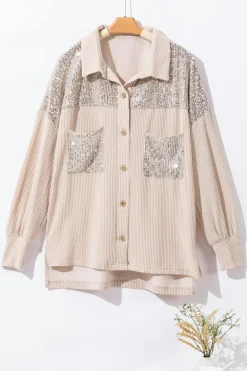 Outlet Dear-Lover Sequin Patch Chest Pocket Corded Shacket Parchment