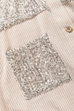 Outlet Dear-Lover Sequin Patch Chest Pocket Corded Shacket Parchment