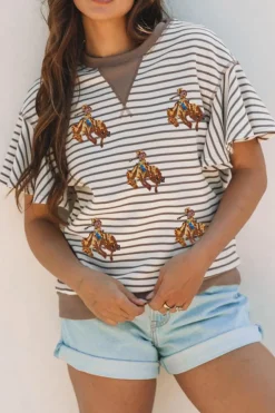 Discount Dear-Lover Sequin Rodeo Patch Pattern Striped Ruffled Sleeve Summer Top Parchment