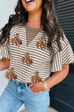 Discount Dear-Lover Sequin Rodeo Patch Pattern Striped Ruffled Sleeve Summer Top Parchment