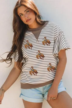 Discount Dear-Lover Sequin Rodeo Patch Pattern Striped Ruffled Sleeve Summer Top Parchment