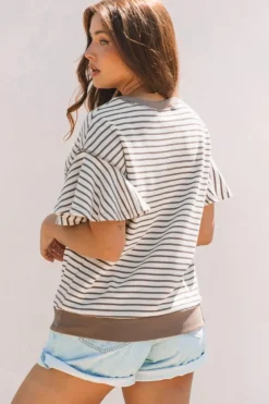 Discount Dear-Lover Sequin Rodeo Patch Pattern Striped Ruffled Sleeve Summer Top Parchment