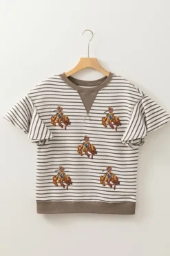 Discount Dear-Lover Sequin Rodeo Patch Pattern Striped Ruffled Sleeve Summer Top Parchment