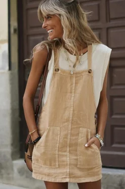 Hot Dear-Lover Side Buttons Sleeveless Overall Mini Dress Parchment