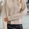 Clearance Dear-Lover Solid Color Cable Knit High Neck Drop Shoulder Sweater Parchment