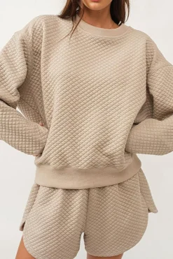 Outlet Dear-Lover Solid Color Quilted Long Sleeve Top and Shorts Set Parchment