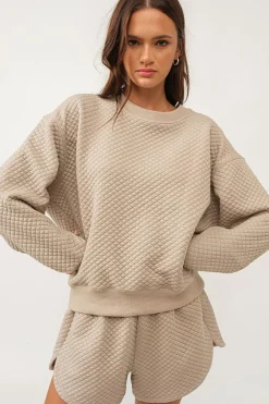 Outlet Dear-Lover Solid Color Quilted Long Sleeve Top and Shorts Set Parchment