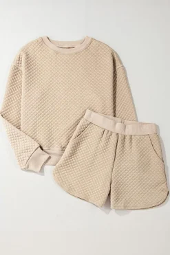 Outlet Dear-Lover Solid Color Quilted Long Sleeve Top and Shorts Set Parchment
