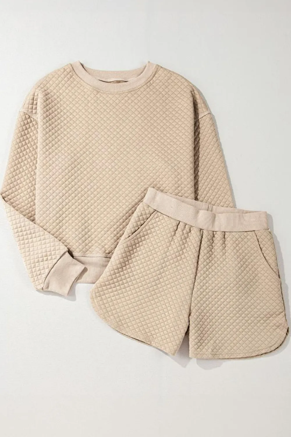 Outlet Dear-Lover Solid Color Quilted Long Sleeve Top and Shorts Set Parchment