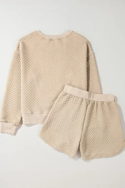 Outlet Dear-Lover Solid Color Quilted Long Sleeve Top and Shorts Set Parchment