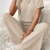 Online Dear-Lover Solid Color Ribbed Short Sleeve Wide Leg Jumpsuit Parchment