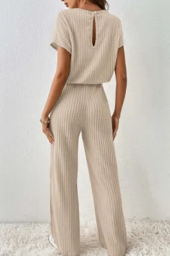 Online Dear-Lover Solid Color Ribbed Short Sleeve Wide Leg Jumpsuit Parchment
